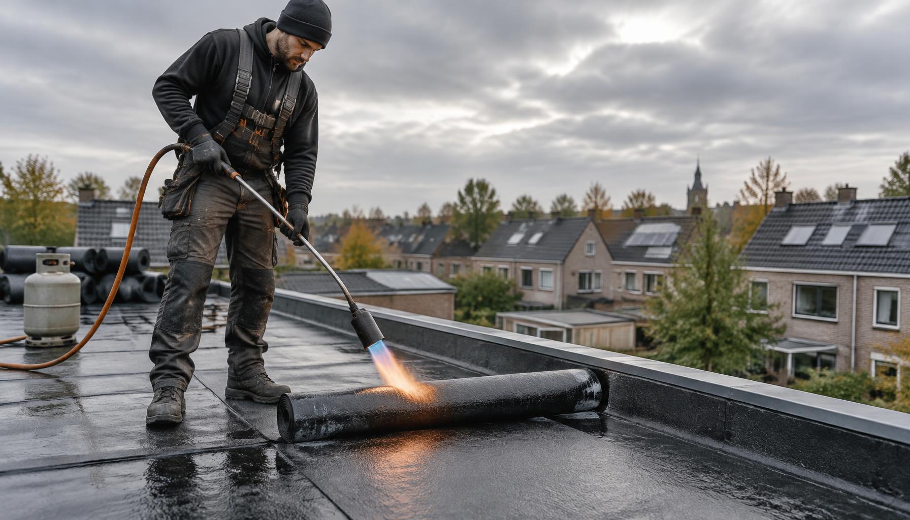 Dakdekker van Kraaijenhof bitumen dakbedekking brandend op een plat dak in Ermelo